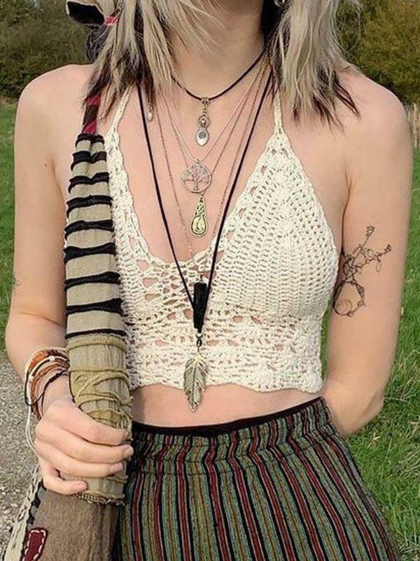 Y2K Crochet Knit Halter Crop Top - Coquette Aesthetic, Grunge Style, Cute Tops