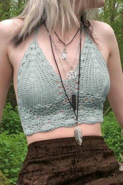 Y2K Crochet Knit Halter Crop Top - Coquette Aesthetic, Grunge Style, Cute Tops