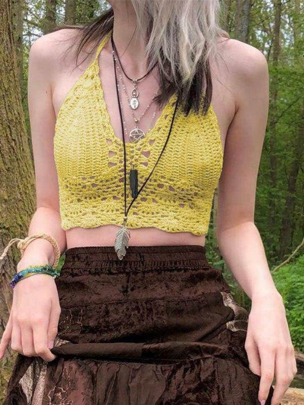 Y2K Crochet Knit Halter Crop Top - Coquette Aesthetic, Grunge Style, Cute Tops