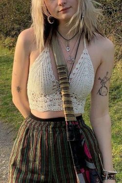 Y2K Crochet Knit Halter Crop Top - Coquette Aesthetic, Grunge Style, Cute Tops