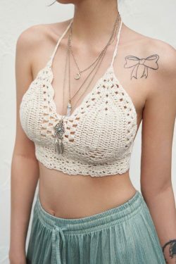 Y2K Crochet Knit Halter Crop Top - Coquette Aesthetic, Grunge Style, Cute Tops