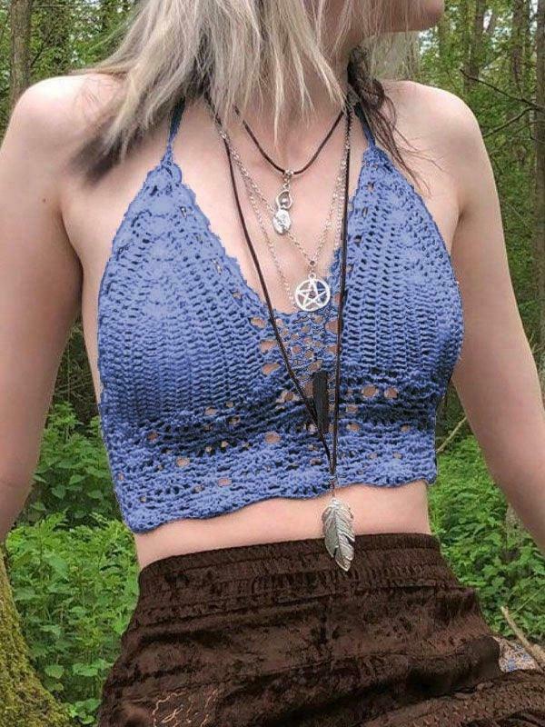 Y2K Crochet Knit Halter Crop Top - Coquette Aesthetic, Grunge Style, Cute Tops