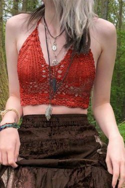 Y2K Crochet Knit Halter Crop Top - Coquette Aesthetic, Grunge Style, Cute Tops