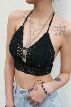 Y2K Crochet Knit Halter Crop Top - Coquette Aesthetic, Grunge Style, Cute Tops