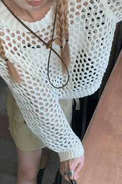 Y2K Crochet Knit Long Sleeve Crop Top - Coquette Aesthetic Grunge Style, Cute Pastel Goth Fashion