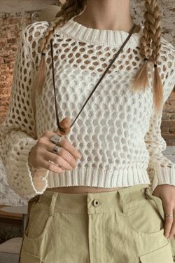 Y2K Crochet Knit Long Sleeve Crop Top - Coquette Aesthetic Grunge Style, Cute Pastel Goth Fashion