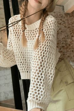 Y2K Crochet Knit Long Sleeve Crop Top - Coquette Aesthetic Grunge Style, Cute Pastel Goth Fashion