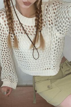 Y2K Crochet Knit Long Sleeve Crop Top - Coquette Aesthetic Grunge Style, Cute Pastel Goth Fashion