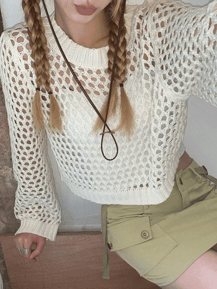 Y2K Crochet Knit Long Sleeve Crop Top - Coquette Aesthetic Grunge Style, Cute Pastel Goth Fashion Y2K Crochet Knit Long Sleeve Crop Top - Coquette Aesthetic Grunge Style, Cute Pastel Goth Fashion