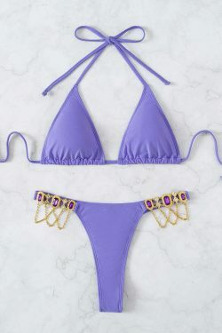 Y2K Crystal Chain Strap Halter Bikini - Coquette Aesthetic Swimwear for Women
