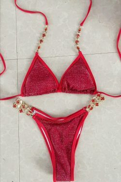 Y2K Crystal Diamond Split Swimsuit for Beach Vacation - Women's Fashion