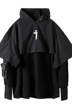Y2K Cyberpunk Poncho Cape Hoodie - Coquette Aesthetic, Grunge Style, Pastel Goth