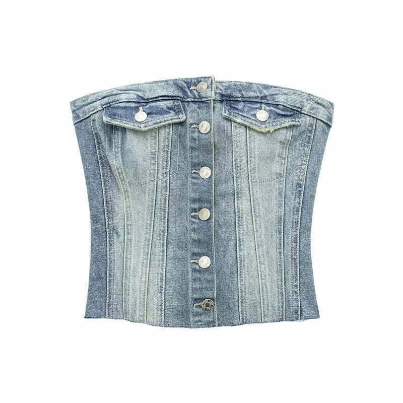 Y2K Denim Crop Top featuring Tiago Strapless Design for Coquette Aesthetic Fashion