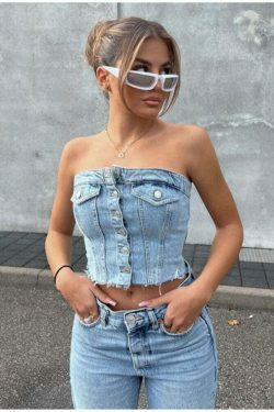 Y2K Denim Crop Top featuring Tiago Strapless Design for Coquette Aesthetic Fashion