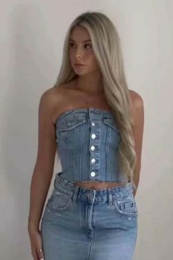 Y2K Denim Crop Top featuring Tiago Strapless Design for Coquette Aesthetic Fashion