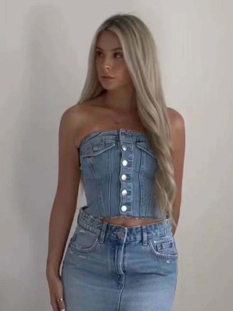 Y2K Denim Crop Top featuring Tiago Strapless Design for Coquette Aesthetic Fashion