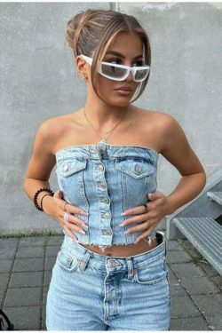 Y2K Denim Crop Top featuring Tiago Strapless Design for Coquette Aesthetic Fashion