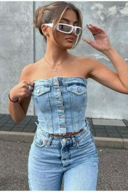 Y2K Denim Crop Top featuring Tiago Strapless Design for Coquette Aesthetic Fashion