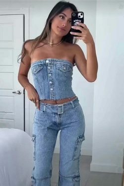 Y2K Denim Crop Top featuring Tiago Strapless Design for Coquette Aesthetic Fashion