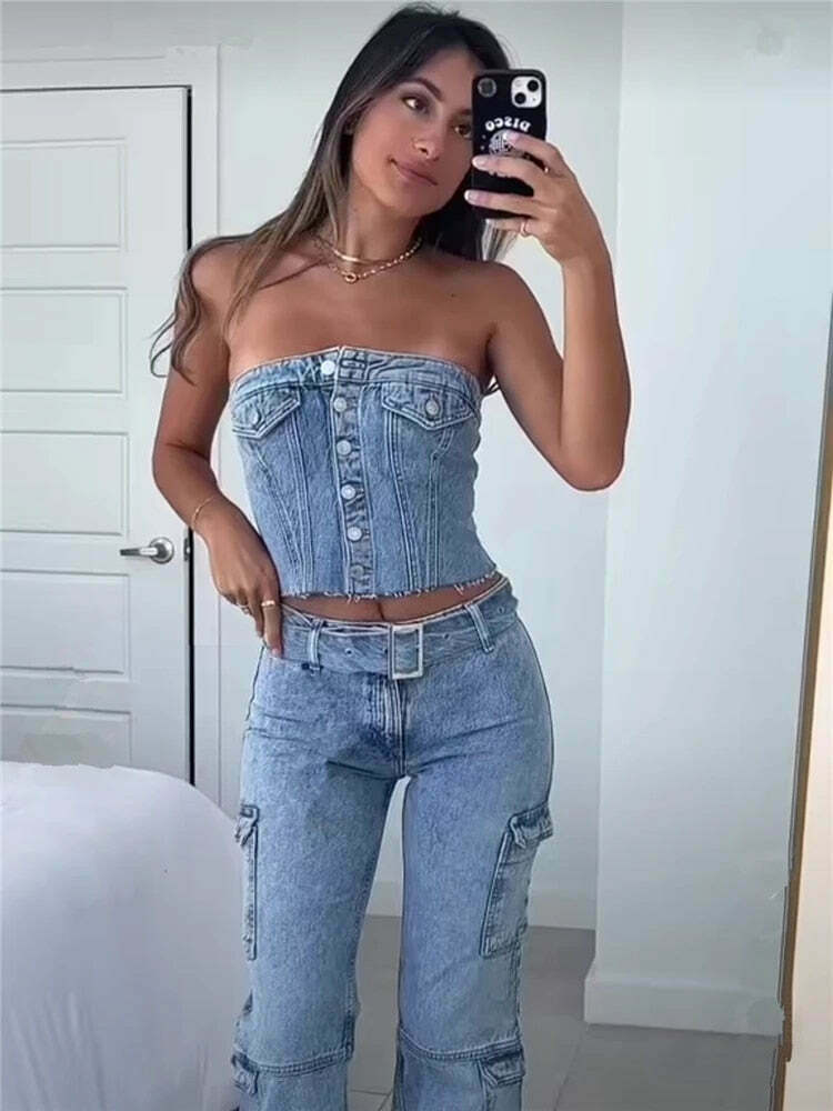 Y2K Denim Crop Top featuring Tiago Strapless Design for Coquette Aesthetic Fashion