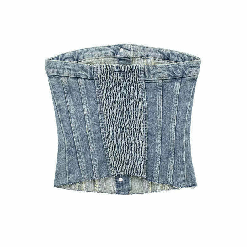 Y2K Denim Crop Top featuring Tiago Strapless Design for Coquette Aesthetic Fashion