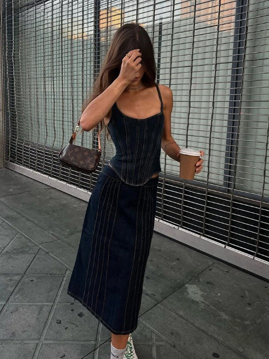 Y2K Denim Darling Bustier: Coquette Aesthetic Cargo Skirt & Pastel Goth Style