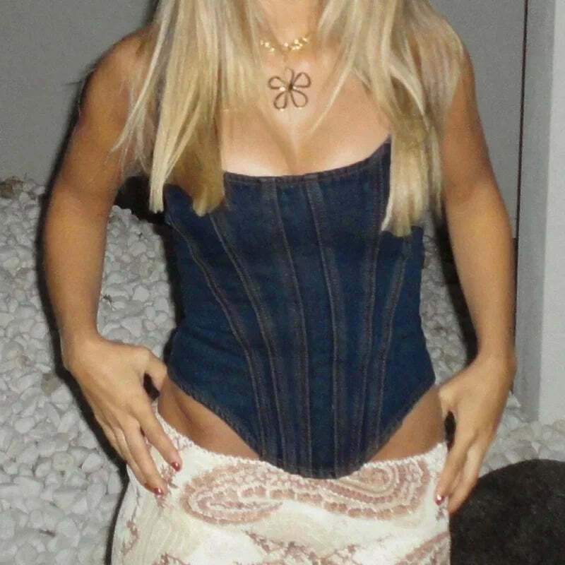 Y2K Denim Darling Bustier: Coquette Aesthetic Cargo Skirt & Pastel Goth Style