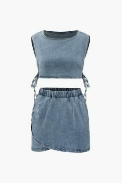 Y2K Denim Side Tie Tank Top & Wrap Mini Skirt Set - Coquette Aesthetic & Grunge Style