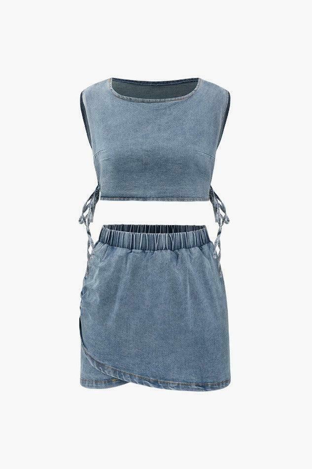 Y2K Denim Side Tie Tank Top & Wrap Mini Skirt Set - Coquette Aesthetic & Grunge Style