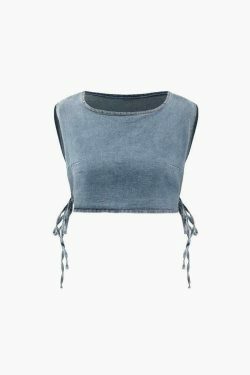 Y2K Denim Side Tie Tank Top & Wrap Mini Skirt Set - Coquette Aesthetic & Grunge Style