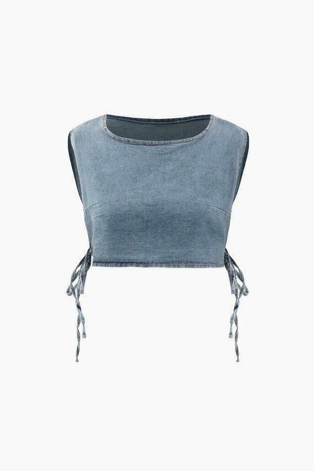 Y2K Denim Side Tie Tank Top & Wrap Mini Skirt Set - Coquette Aesthetic & Grunge Style