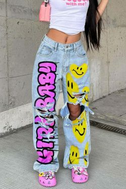 Y2K Denim Smilie Hoco Pants: Coquette Aesthetic Cargo Skirt for Women
