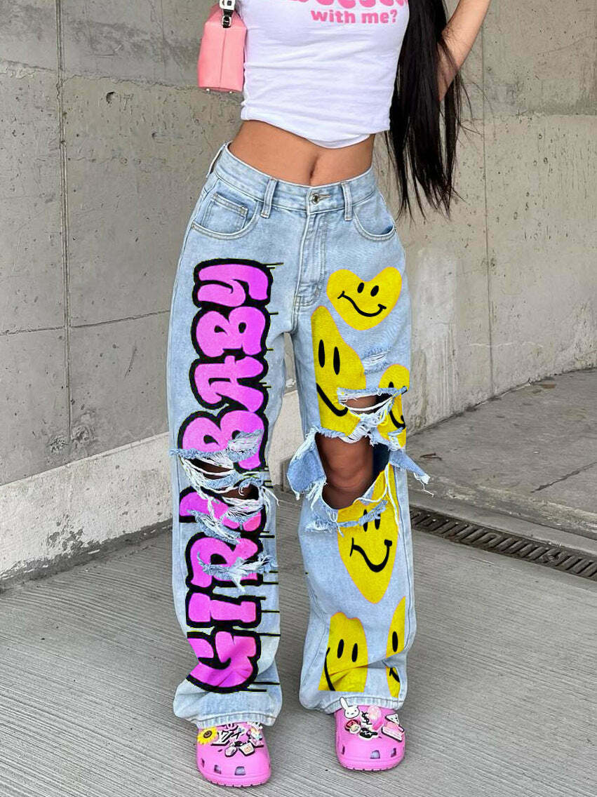 Y2K Denim Smilie Hoco Pants: Coquette Aesthetic Cargo Skirt for Women