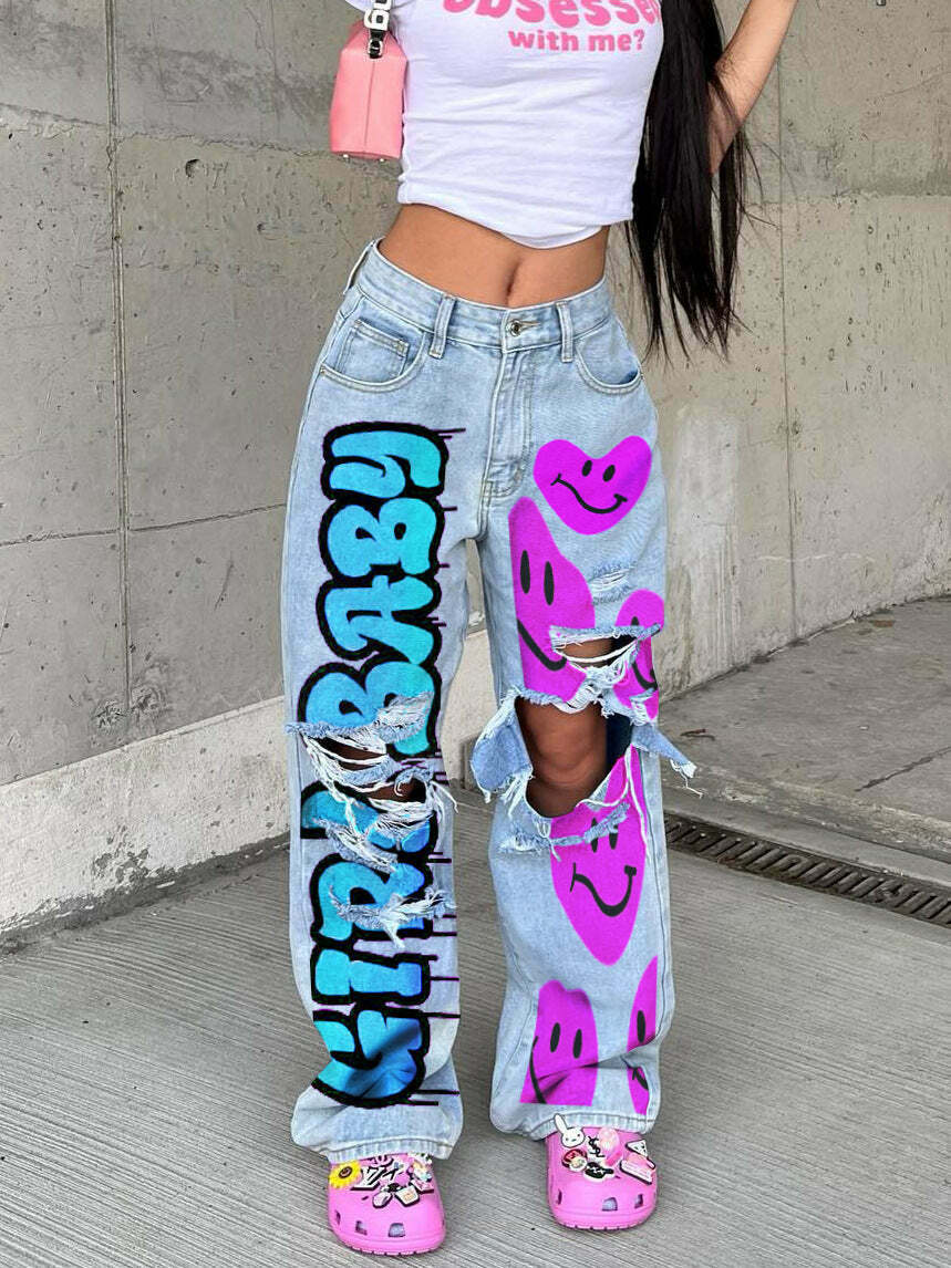 Y2K Denim Smilie Hoco Pants: Coquette Aesthetic Cargo Skirt for Women