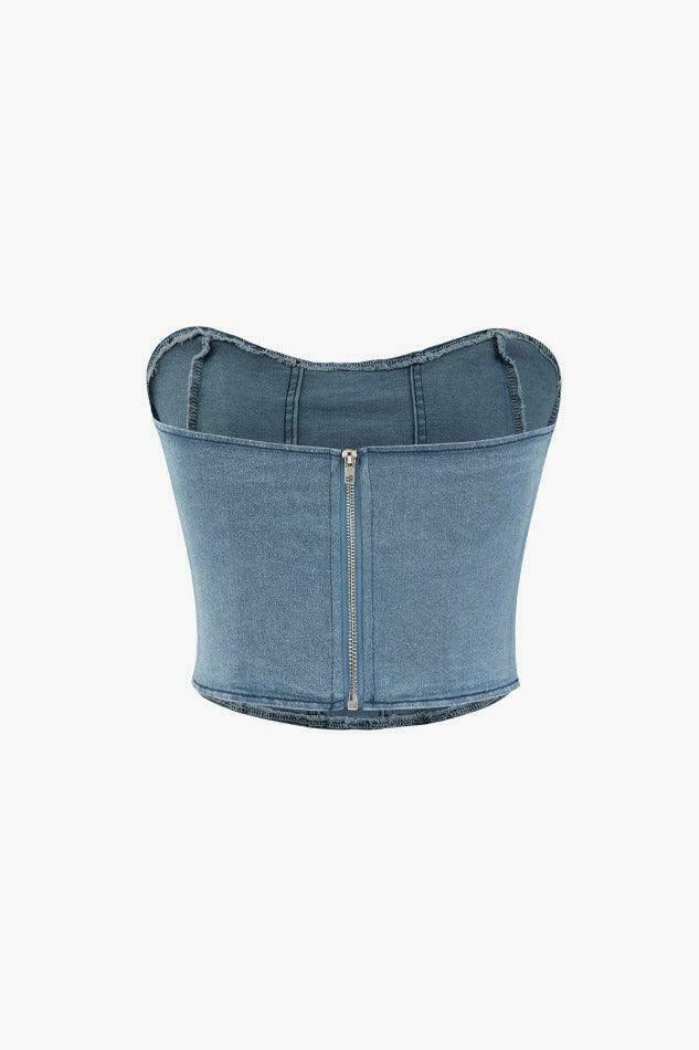 Y2K Denim Strapless Top & Pleated Mini Skirt Set - Coquette Aesthetic Fashion