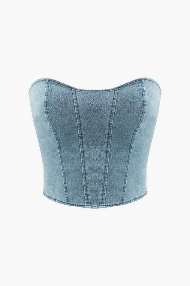 Y2K Denim Strapless Top & Pleated Mini Skirt Set - Coquette Aesthetic Fashion