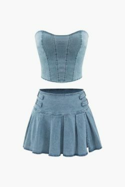 Y2K Denim Strapless Top & Pleated Mini Skirt Set - Coquette Aesthetic Fashion