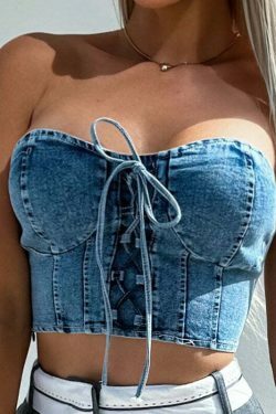 Y2K Denim Tie & Tube Tango Top: Coquette Aesthetic Grunge Style Cute Tops & Cargo Skirt