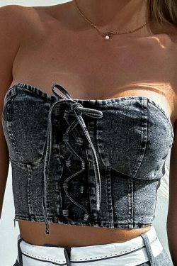 Y2K Denim Tie & Tube Tango Top: Coquette Aesthetic Grunge Style Cute Tops & Cargo Skirt