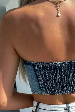 Y2K Denim Tie & Tube Tango Top: Coquette Aesthetic Grunge Style Cute Tops & Cargo Skirt