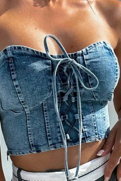 Y2K Denim Tie & Tube Tango Top: Coquette Aesthetic Grunge Style Cute Tops & Cargo Skirt