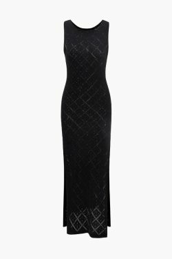 Y2K Diamond Crochet Knit Slit Sleeveless Dress - Coquette Aesthetic Fashion Statement