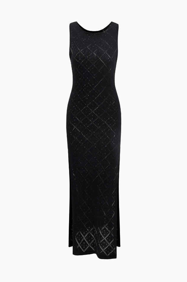 Y2K Diamond Crochet Knit Slit Sleeveless Dress - Coquette Aesthetic Fashion Statement