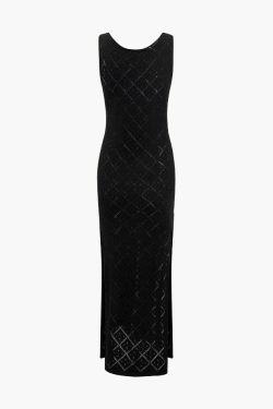 Y2K Diamond Crochet Knit Slit Sleeveless Dress - Coquette Aesthetic Fashion Statement