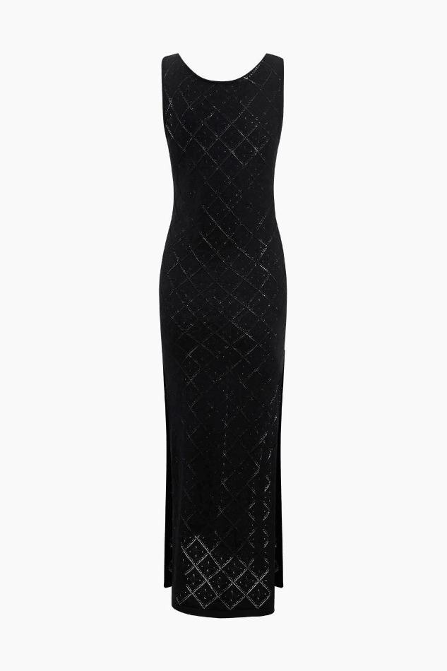 Y2K Diamond Crochet Knit Slit Sleeveless Dress - Coquette Aesthetic Fashion Statement