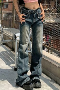 Y2K Distressed Burr Waist Buckle Boyfriend Jeans - Coquette Aesthetic Grunge Style Cargo Skirt