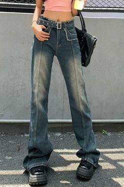 Y2K Distressed Burr Waist Buckle Boyfriend Jeans - Coquette Aesthetic Grunge Style Cargo Skirt