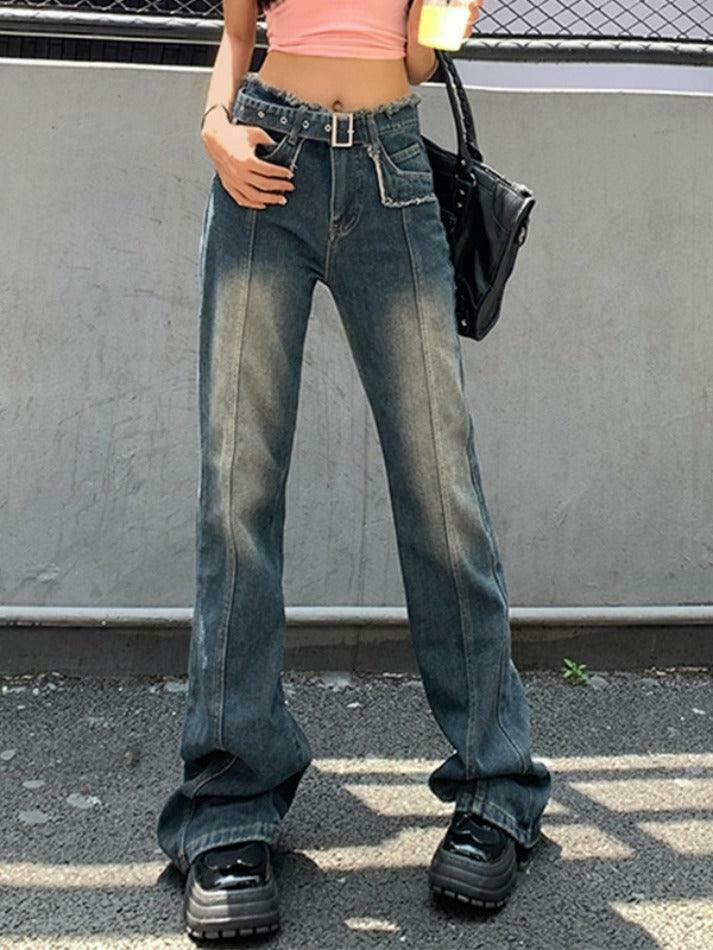 Y2K Distressed Burr Waist Buckle Boyfriend Jeans - Coquette Aesthetic Grunge Style Cargo Skirt