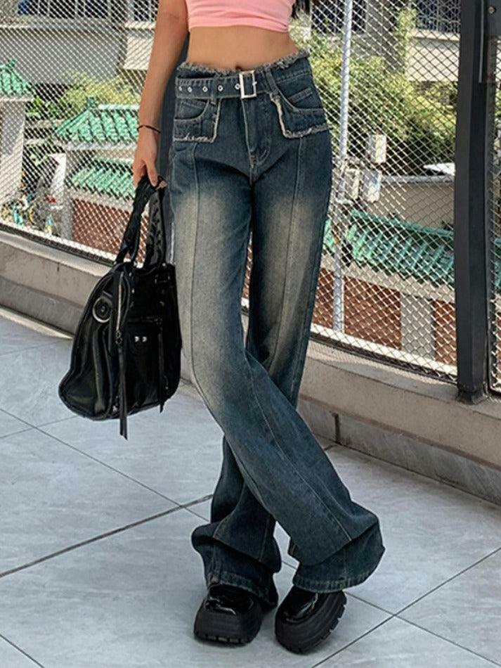Y2K Distressed Burr Waist Buckle Boyfriend Jeans - Coquette Aesthetic Grunge Style Cargo Skirt