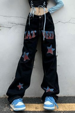 Y2K Distressed Cargo Jeans with American Star Print - Hip Hop Loose Fit for Women's Fashion